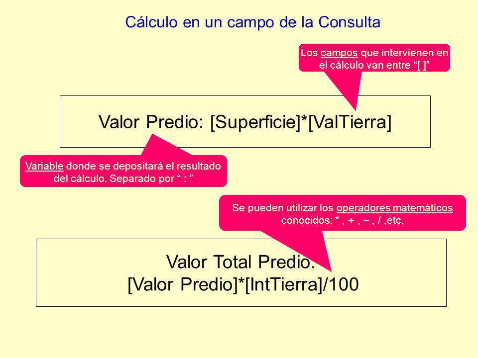 Valor Predio: [Superficie]*[ValTierra] Valor Total Predio: [Valor Predio]*[IntTierra]/100 Variable donde se depositará el resultado del cálculo.