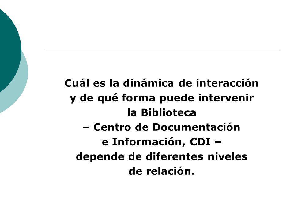 Cuál es la dinámica de interacción y de qué forma puede intervenir la Biblioteca – Centro de Documentación e Información, CDI – depende de diferentes niveles de relación.