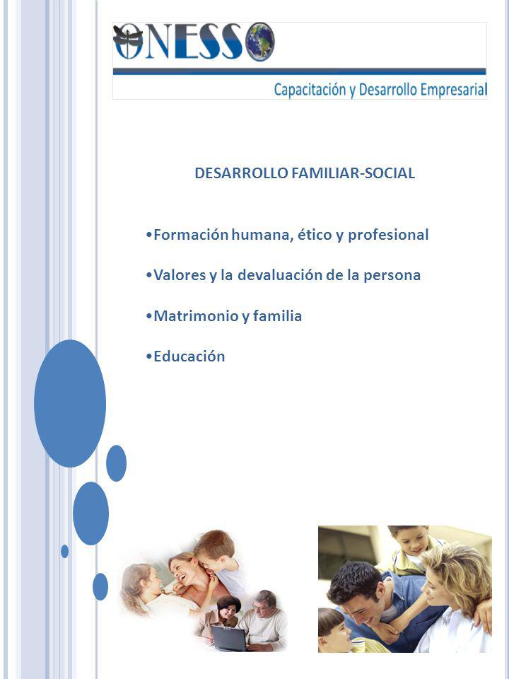 DESARROLLO FAMILIAR-SOCIAL Formación humana, ético y profesional Valores y la devaluación de la persona Matrimonio y familia Educación