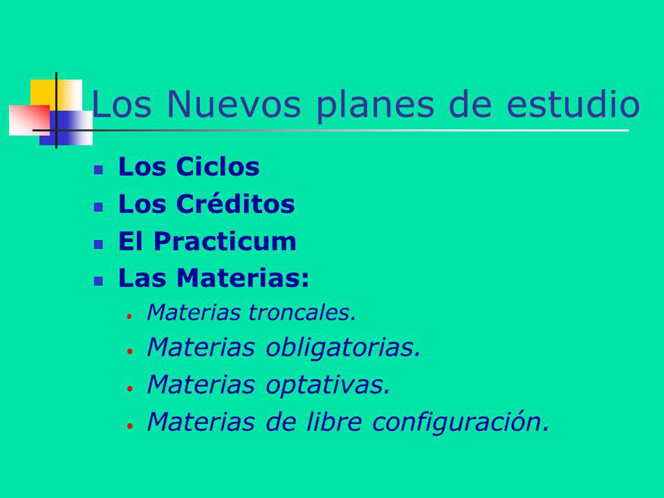 Los Nuevos planes de estudio Los Ciclos Los Créditos El Practicum Las Materias: Materias troncales.