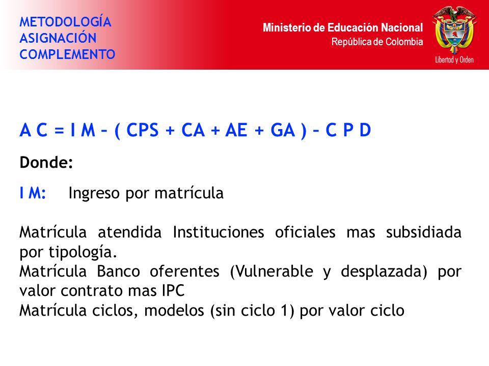 Ministerio de Educación Nacional República de Colombia A C = I M – ( CPS + CA + AE + GA ) – C P D Donde: I M: Ingreso por matrícula Matrícula atendida Instituciones oficiales mas subsidiada por tipología.