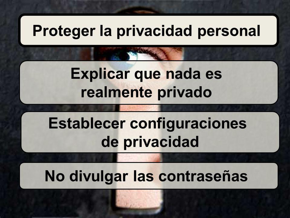 Explicar que nada es realmente privado Establecer configuraciones de privacidad No divulgar las contraseñas Proteger la privacidad personal