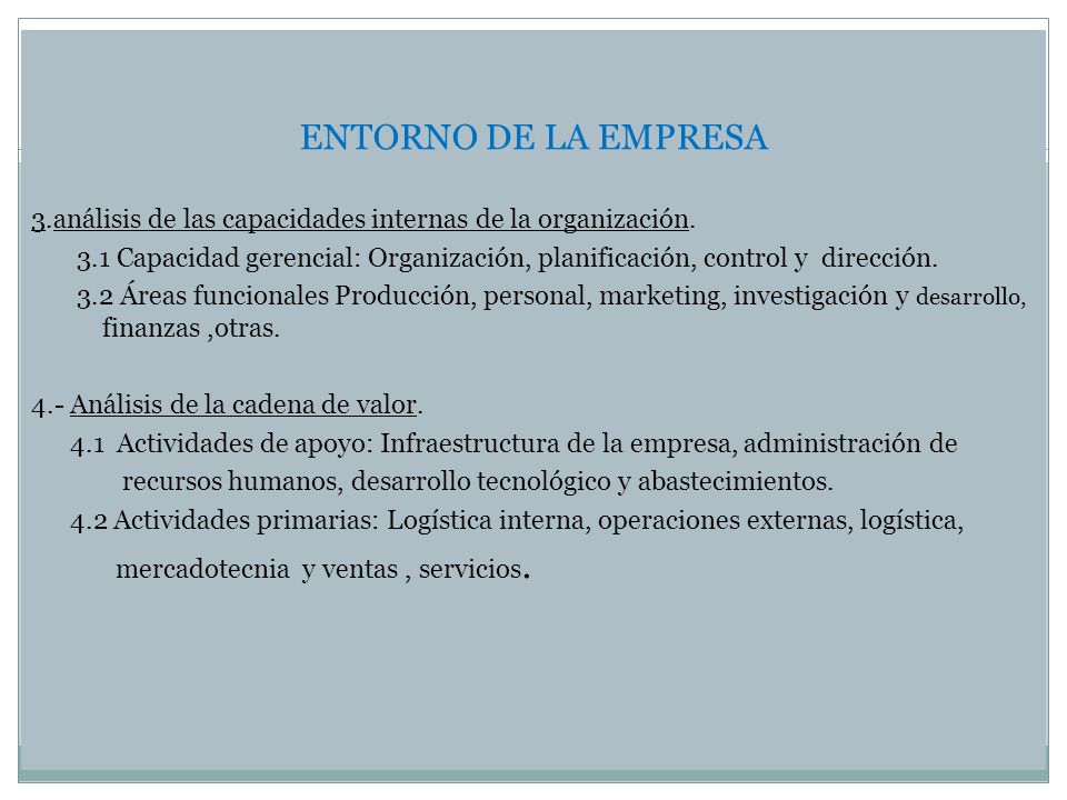 ENTORNO DE LA EMPRESA 3.análisis de las capacidades internas de la organización.