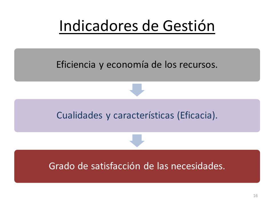 Indicadores de Gestión Eficiencia y economía de los recursos.Cualidades y características (Eficacia).Grado de satisfacción de las necesidades.