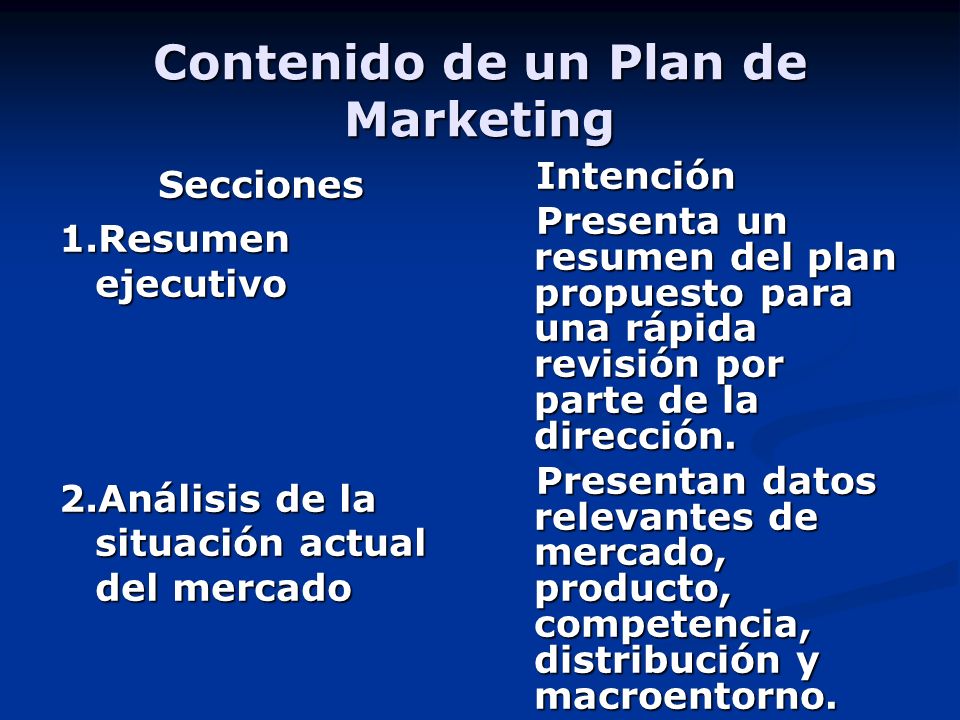 Contenido de un Plan de Marketing Secciones 1.Resumen ejecutivo 2.Análisis de la situación actual del mercado Intención Presenta un resumen del plan propuesto para una rápida revisión por parte de la dirección.