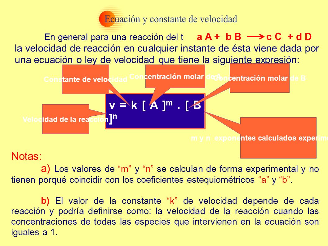 En general para una reacción del tipo: la velocidad de reacción en cualquier instante de ésta viene dada por una ecuación o ley de velocidad que tiene la siguiente expresión: v = k [ A ] m.
