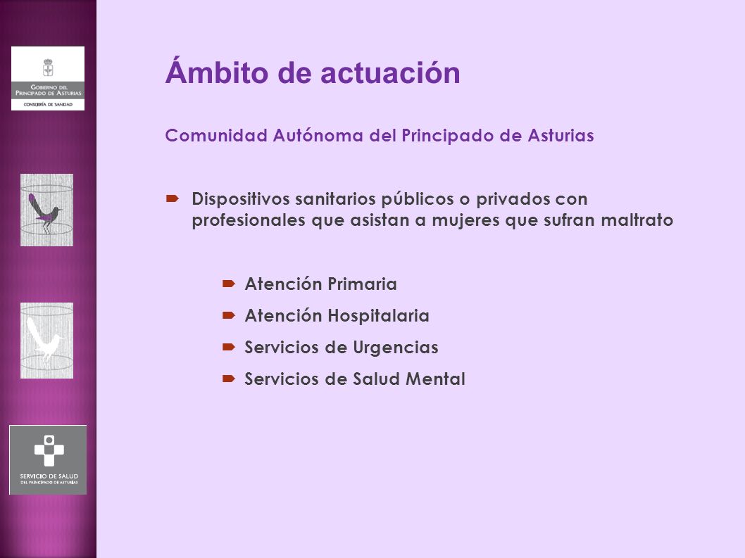 Ámbito de actuación Comunidad Autónoma del Principado de Asturias  Dispositivos sanitarios públicos o privados con profesionales que asistan a mujeres que sufran maltrato  Atención Primaria  Atención Hospitalaria  Servicios de Urgencias  Servicios de Salud Mental
