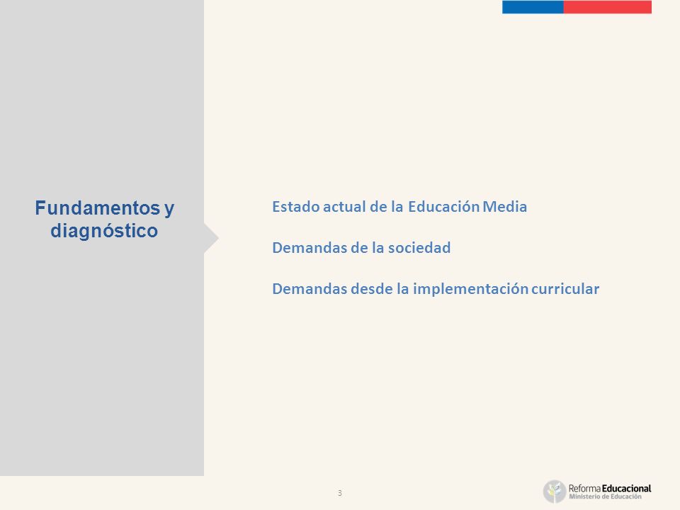 3 Fundamentos y diagnóstico Estado actual de la Educación Media Demandas de la sociedad Demandas desde la implementación curricular
