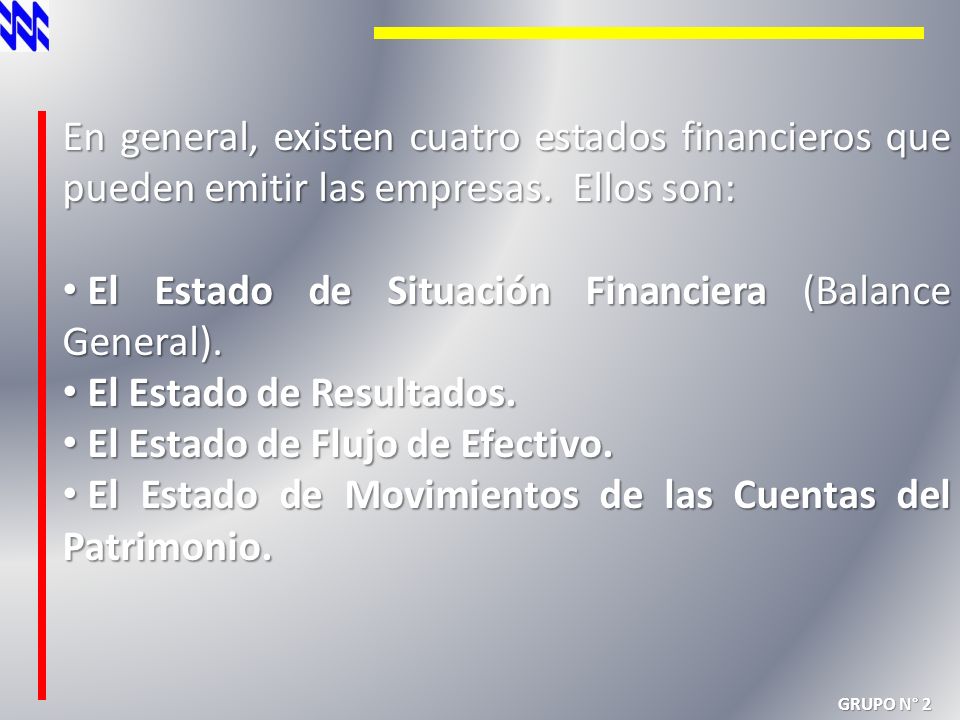 GRUPO N° 2 JULIO/2012 Objetivo: El objetivo de los Estados Financieros de una empresa es suministrar información acerca de: 1.La Posición Financiera.