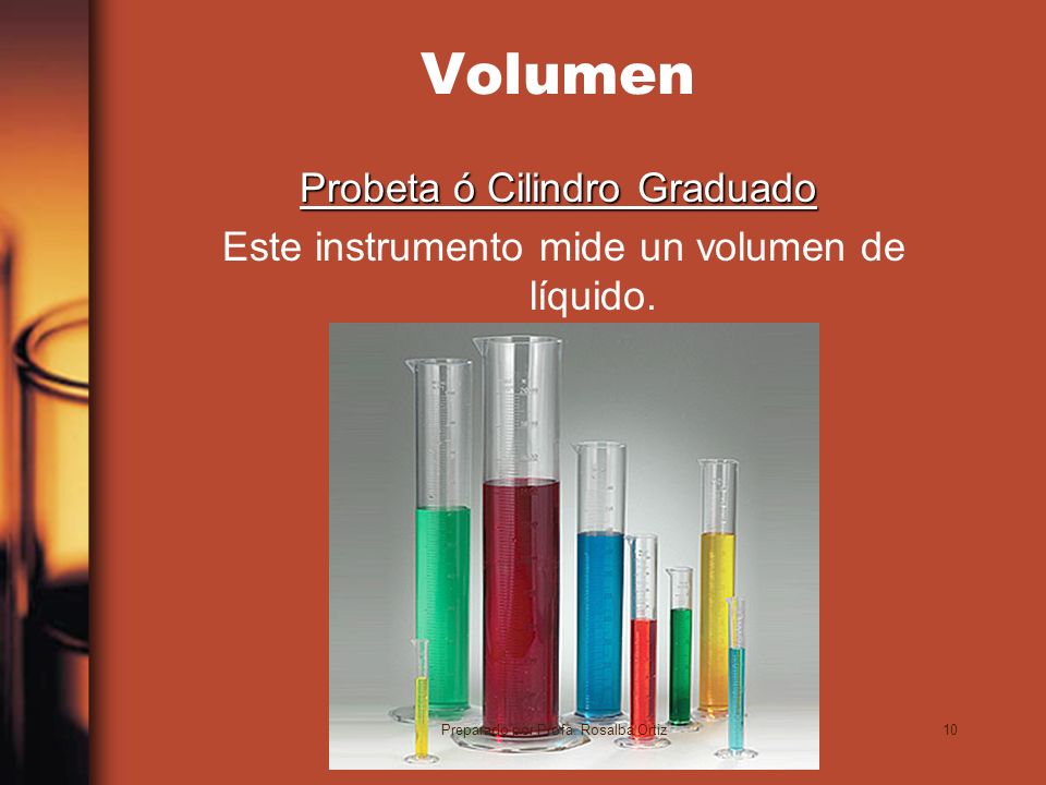 10 Volumen Probeta ó Cilindro Graduado Este instrumento mide un volumen de líquido.