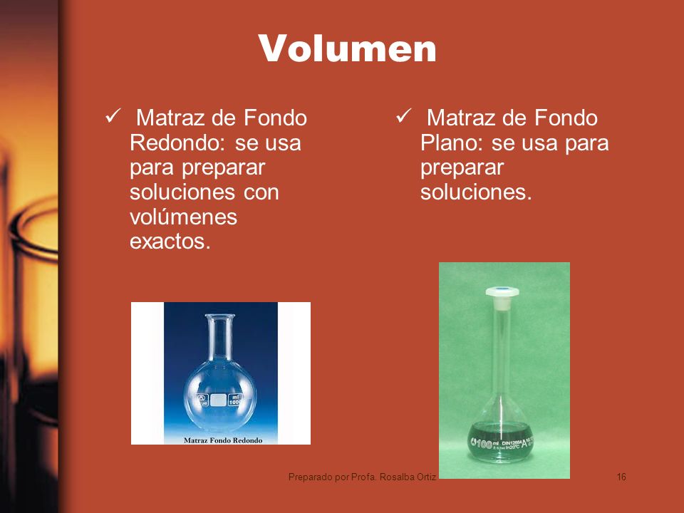 16 Volumen Matraz de Fondo Redondo: se usa para preparar soluciones con volúmenes exactos.