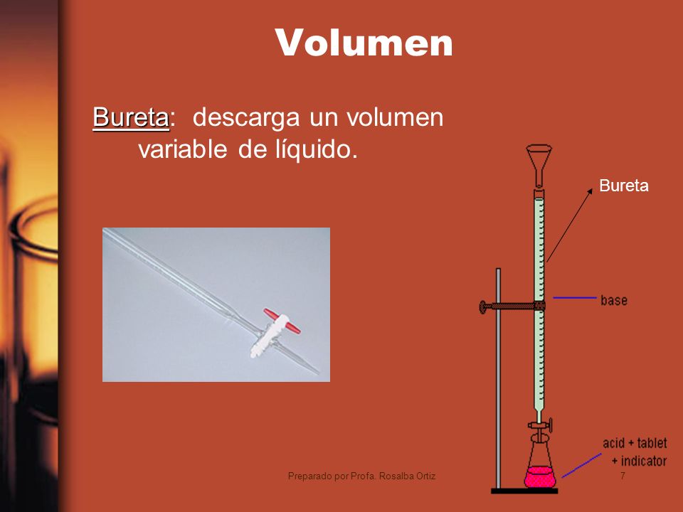 7 Volumen Bureta Bureta: descarga un volumen variable de líquido.