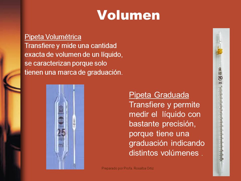 8 Volumen Pipeta Volumétrica Transfiere y mide una cantidad exacta de volumen de un líquido, se caracterizan porque solo tienen una marca de graduación.