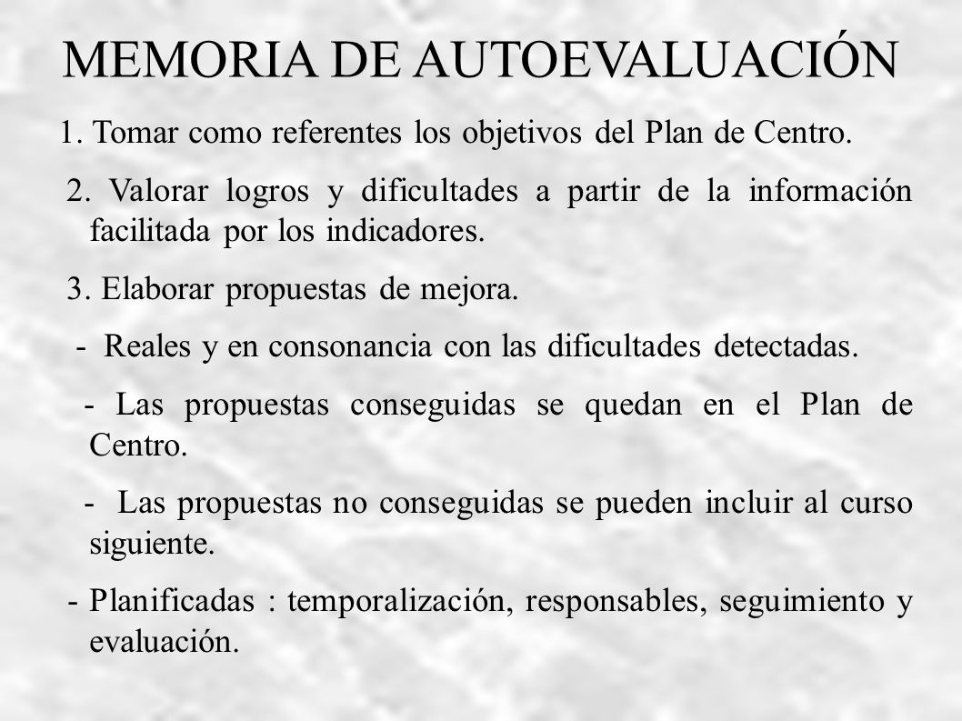 MEMORIA DE AUTOEVALUACIÓN 1. Tomar como referentes los objetivos del Plan de Centro.