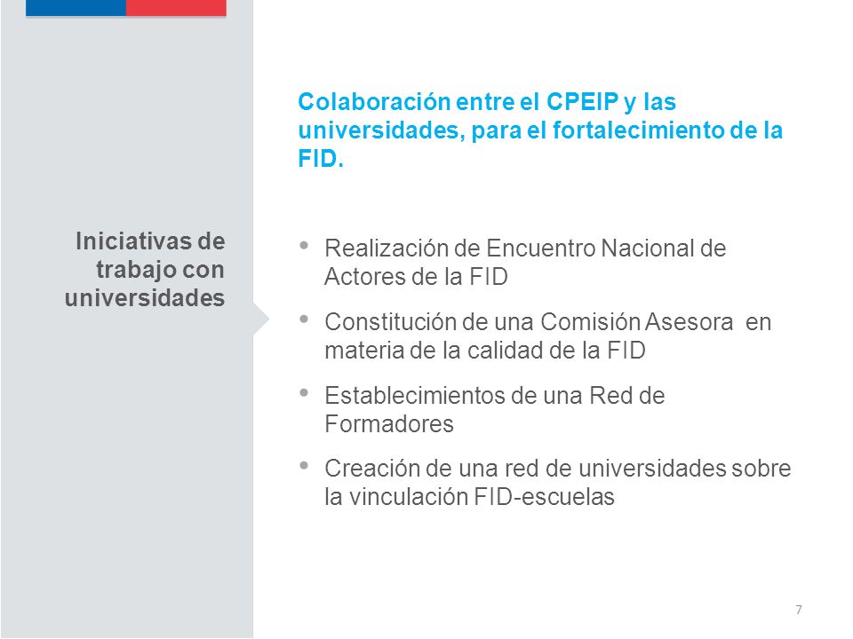 7 Colaboración entre el CPEIP y las universidades, para el fortalecimiento de la FID.