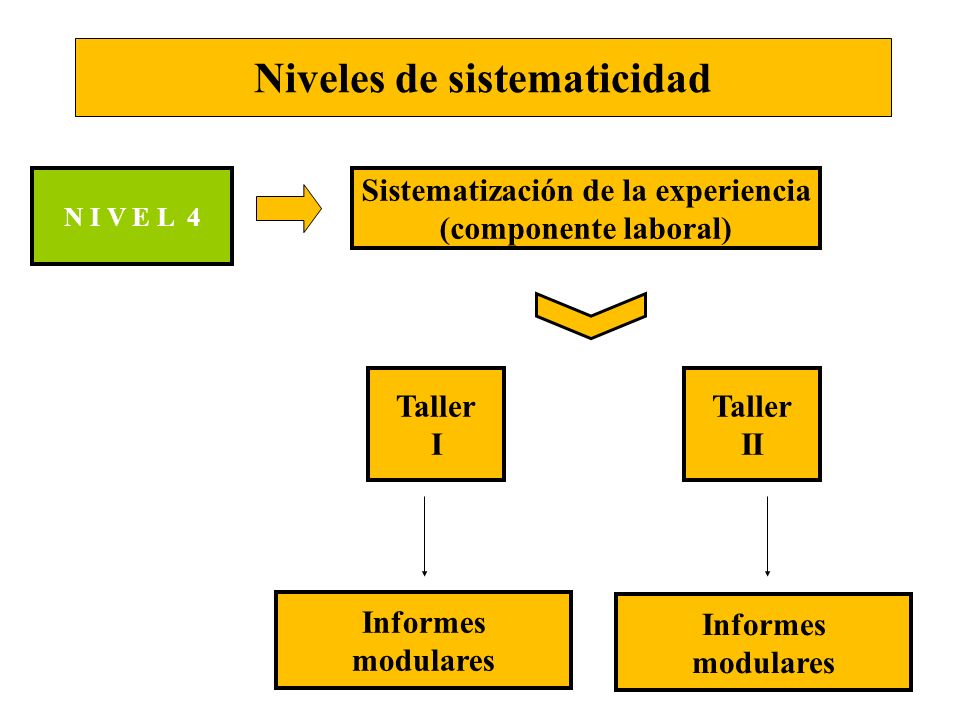 Niveles de sistematicidad Sistematización de la experiencia (componente laboral) Taller I Informes modulares Taller II N I V E L 4 Informes modulares