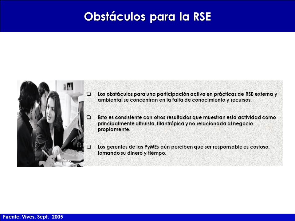 Obstáculos para la RSE  Los obstáculos para una participación activa en prácticas de RSE externa y ambiental se concentran en la falta de conocimiento y recursos.