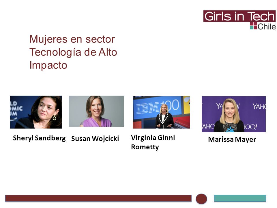 Mujeres en sector Tecnología de Alto Impacto Sheryl Sandberg Susan Wojcicki Virginia Ginni Rometty Marissa Mayer