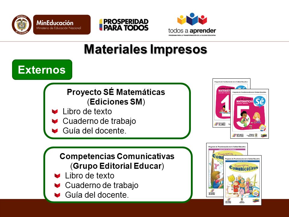Externos Materiales Impresos Proyecto SÉ Matemáticas (Ediciones SM) Libro de texto Cuaderno de trabajo Guía del docente.