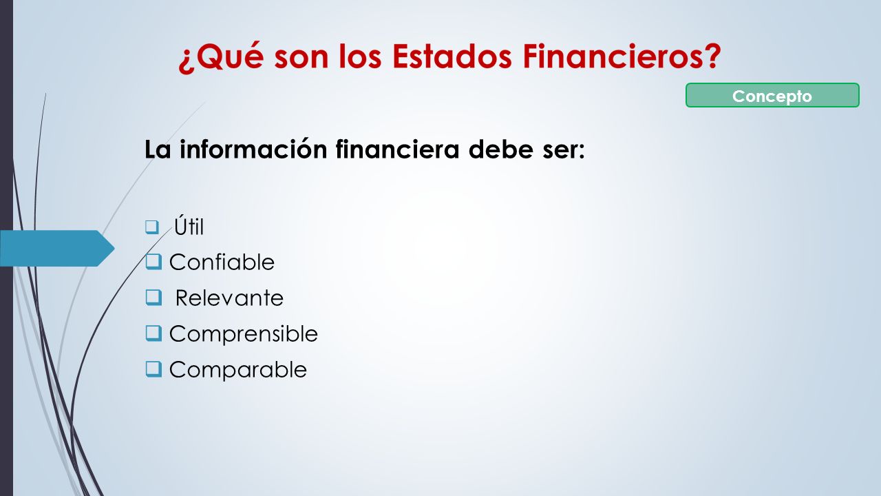 La información financiera debe ser:  Útil  Confiable  Relevante  Comprensible  Comparable Concepto