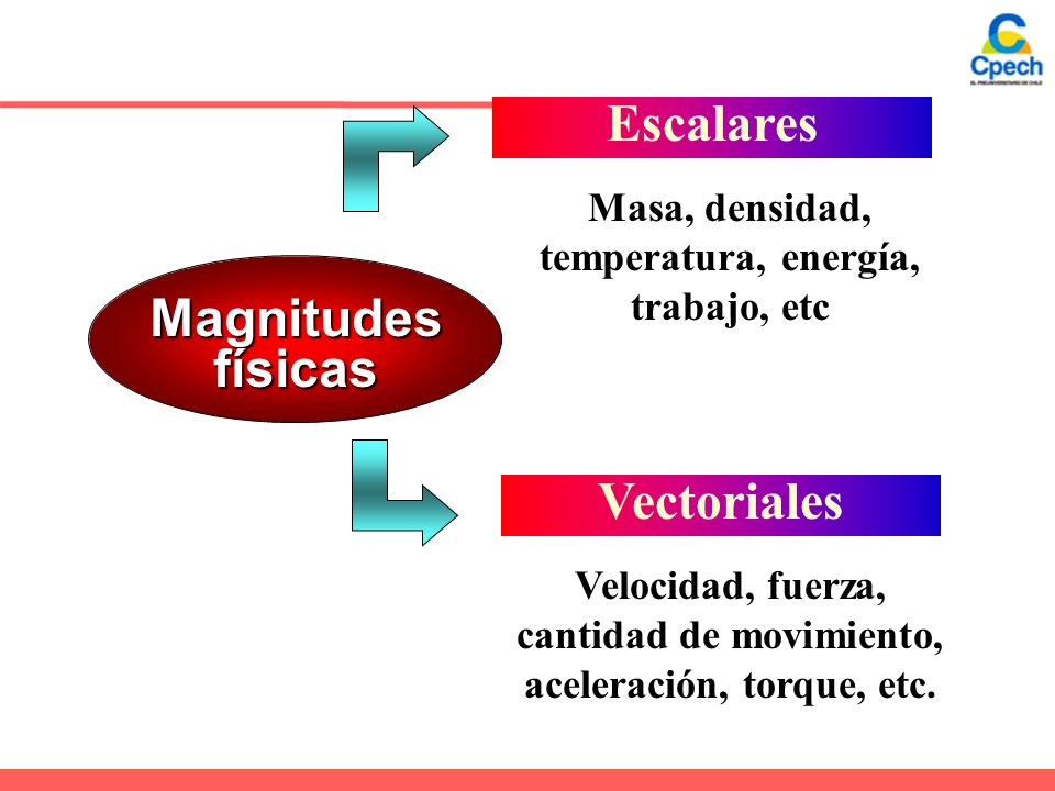 Magnitudes físicas Masa, densidad, temperatura, energía, trabajo, etc Velocidad, fuerza, cantidad de movimiento, aceleración, torque, etc.