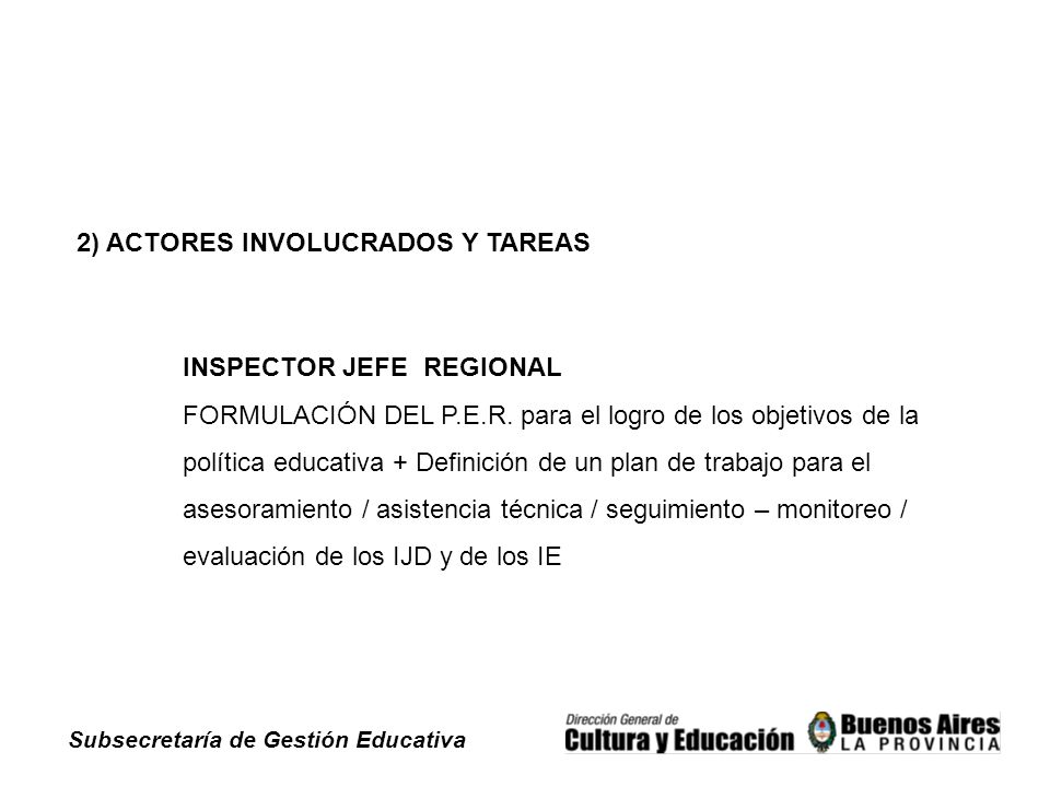 Subsecretaría de Gestión Educativa INSPECTOR JEFE REGIONAL FORMULACIÓN DEL P.E.R.