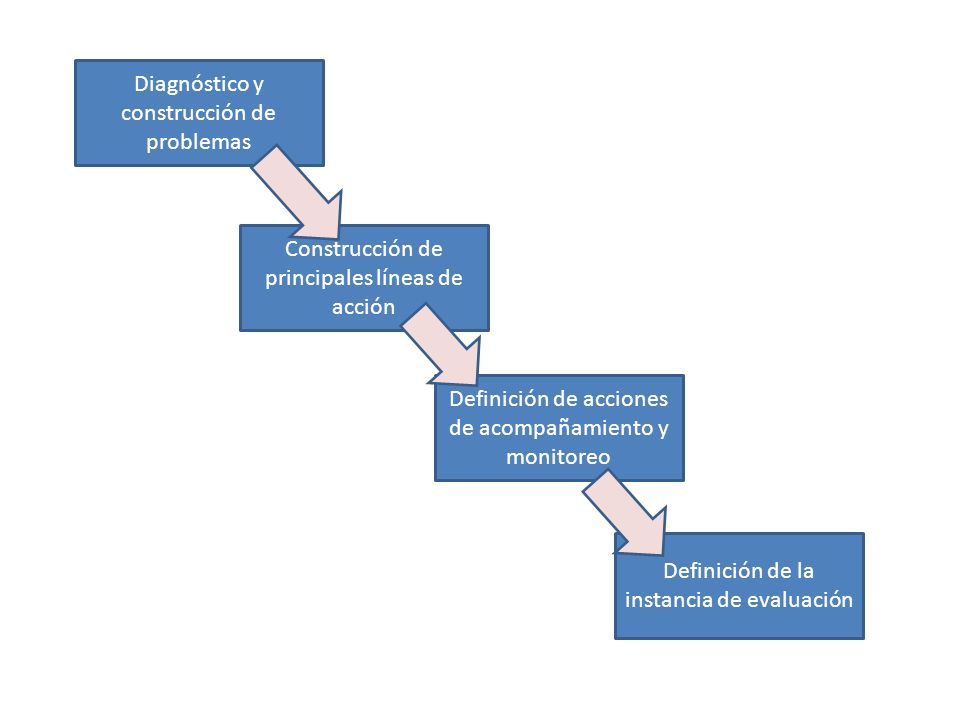 Diagnóstico y construcción de problemas Construcción de principales líneas de acción Definición de acciones de acompañamiento y monitoreo Definición de la instancia de evaluación