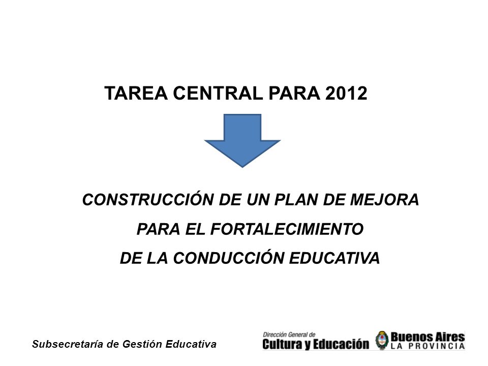Subsecretaría de Gestión Educativa TAREA CENTRAL PARA 2012 CONSTRUCCIÓN DE UN PLAN DE MEJORA PARA EL FORTALECIMIENTO DE LA CONDUCCIÓN EDUCATIVA