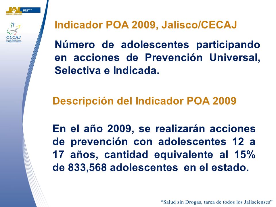 Indicador POA 2009, Jalisco/CECAJ Descripción del Indicador POA 2009 En el año 2009, se realizarán acciones de prevención con adolescentes 12 a 17 años, cantidad equivalente al 15% de 833,568 adolescentes en el estado.