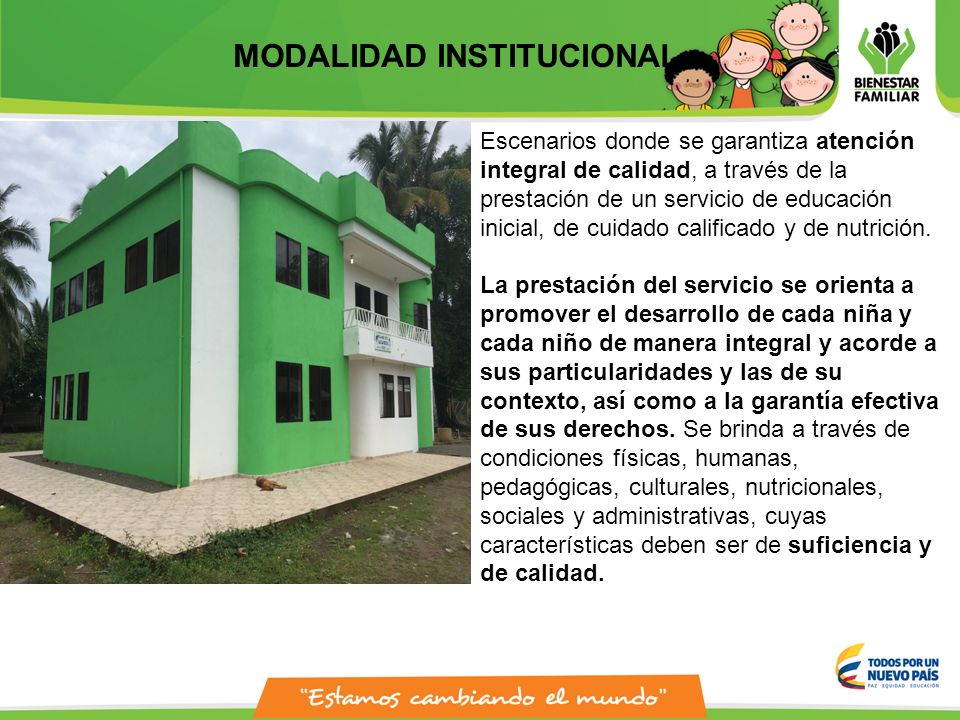 MODALIDAD INSTITUCIONAL Escenarios donde se garantiza atención integral de calidad, a través de la prestación de un servicio de educación inicial, de cuidado calificado y de nutrición.
