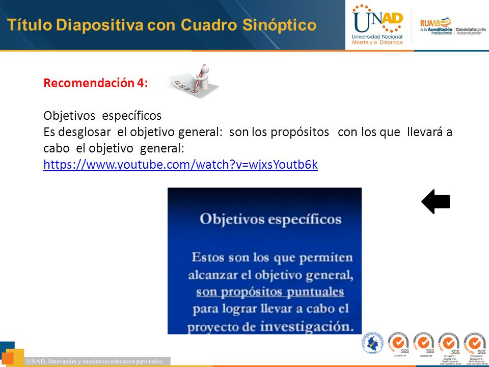Título Diapositiva con Cuadro Sinóptico Recomendación 4: Objetivos específicos Es desglosar el objetivo general: son los propósitos con los que llevará a cabo el objetivo general:   v=wjxsYoutb6k