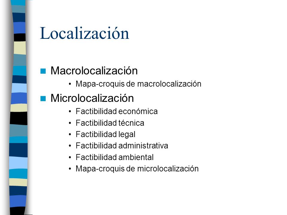 Localización Macrolocalización Mapa-croquis de macrolocalización Microlocalización Factibilidad económica Factibilidad técnica Factibilidad legal Factibilidad administrativa Factibilidad ambiental Mapa-croquis de microlocalización