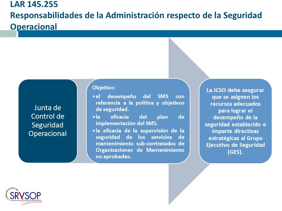 Junta de Control de Seguridad Operacional Objetivo: el desempeño del SMS con referencia a la política y objetivos de seguridad.