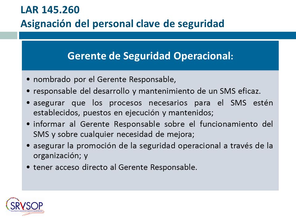 LAR Asignación del personal clave de seguridad Gerente de Seguridad Operacional : nombrado por el Gerente Responsable, responsable del desarrollo y mantenimiento de un SMS eficaz.