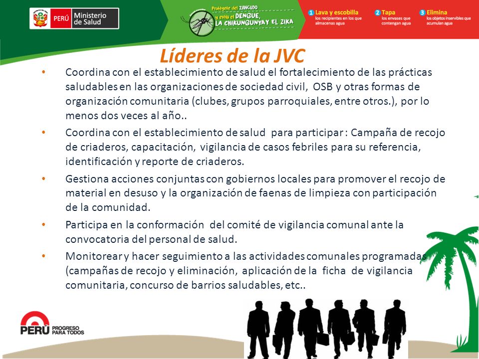 Líderes de la JVC Coordina con el establecimiento de salud el fortalecimiento de las prácticas saludables en las organizaciones de sociedad civil, OSB y otras formas de organización comunitaria (clubes, grupos parroquiales, entre otros.), por lo menos dos veces al año..