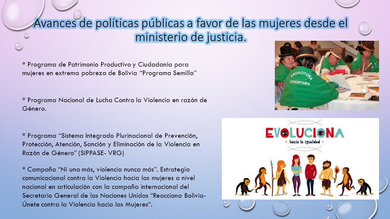 * Programa de Patrimonio Productivo y Ciudadanía para mujeres en extrema pobreza de Bolivia Programa Semilla * Programa Nacional de Lucha Contra la Violencia en razón de Género.