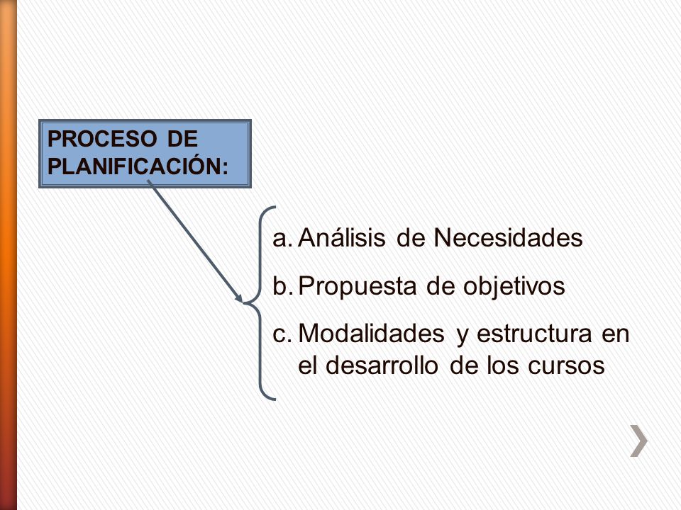 PROCESO DE PLANIFICACIÓN: a.Análisis de Necesidades b.Propuesta de objetivos c.Modalidades y estructura en el desarrollo de los cursos