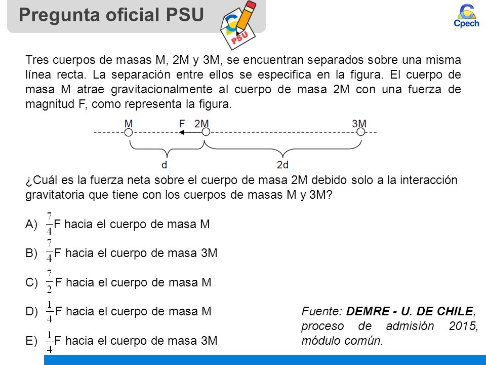 Pregunta oficial PSU Tres cuerpos de masas M, 2M y 3M, se encuentran separados sobre una misma línea recta.