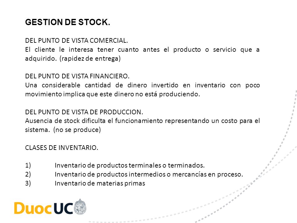 GESTION DE STOCK. DEL PUNTO DE VISTA COMERCIAL.