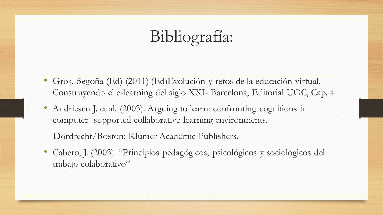 Bibliografía: Gros, Begoña (Ed) (2011) (Ed)Evolución y retos de la educación virtual.