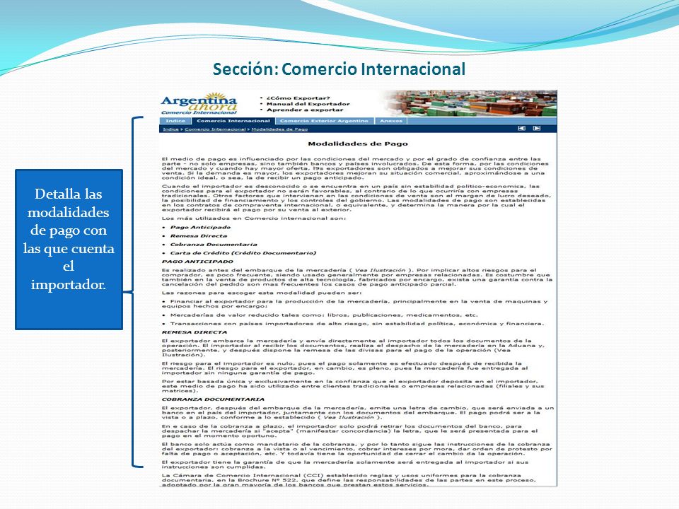 Sección: Comercio Internacional Detalla las modalidades de pago con las que cuenta el importador.