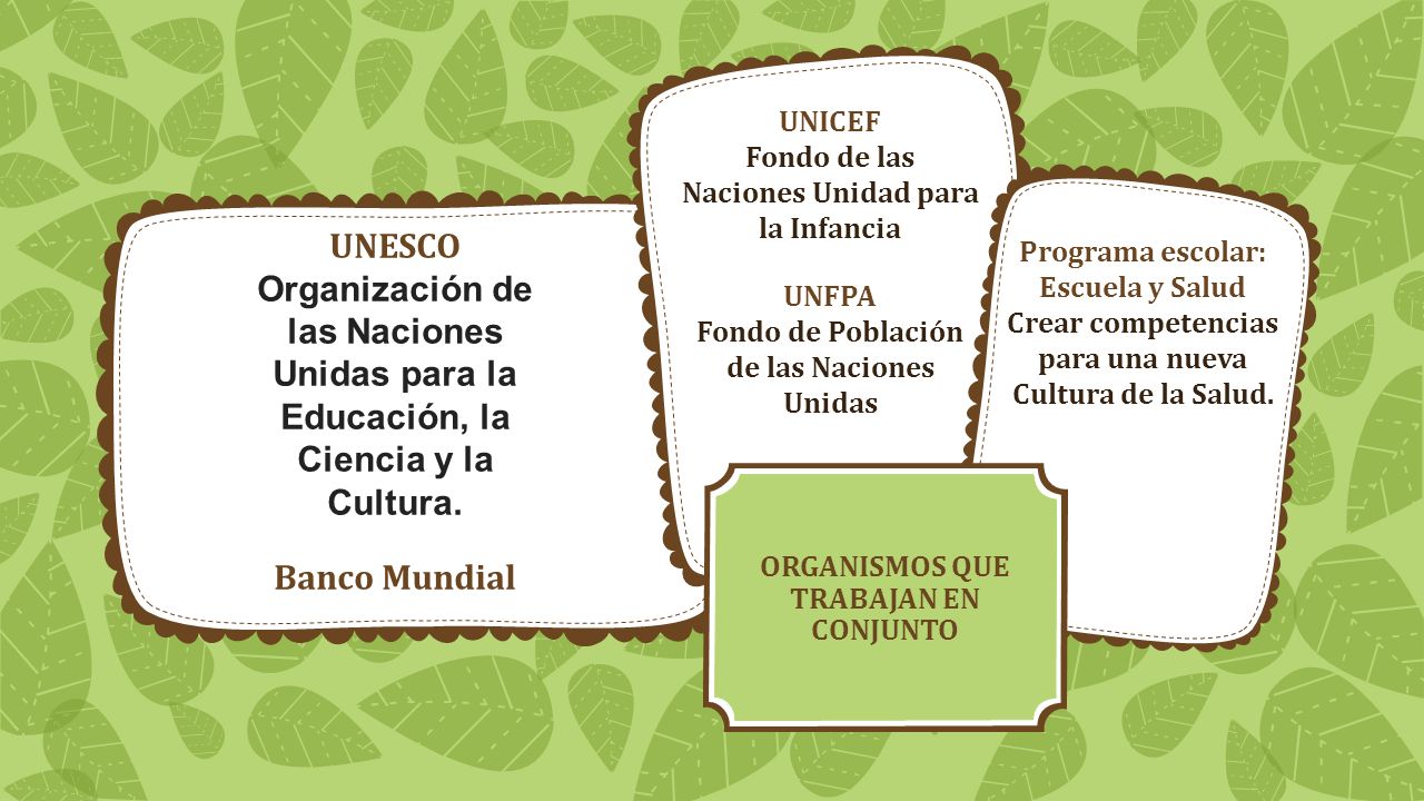 ORGANISMOS QUE TRABAJAN EN CONJUNTO UNESCO Organización de las Naciones Unidas para la Educación, la Ciencia y la Cultura.