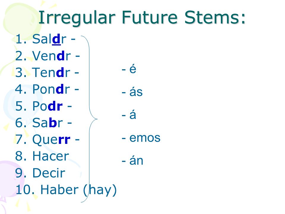 Irregular Future Stems: 1. Saldr - 2. Vendr - 3.