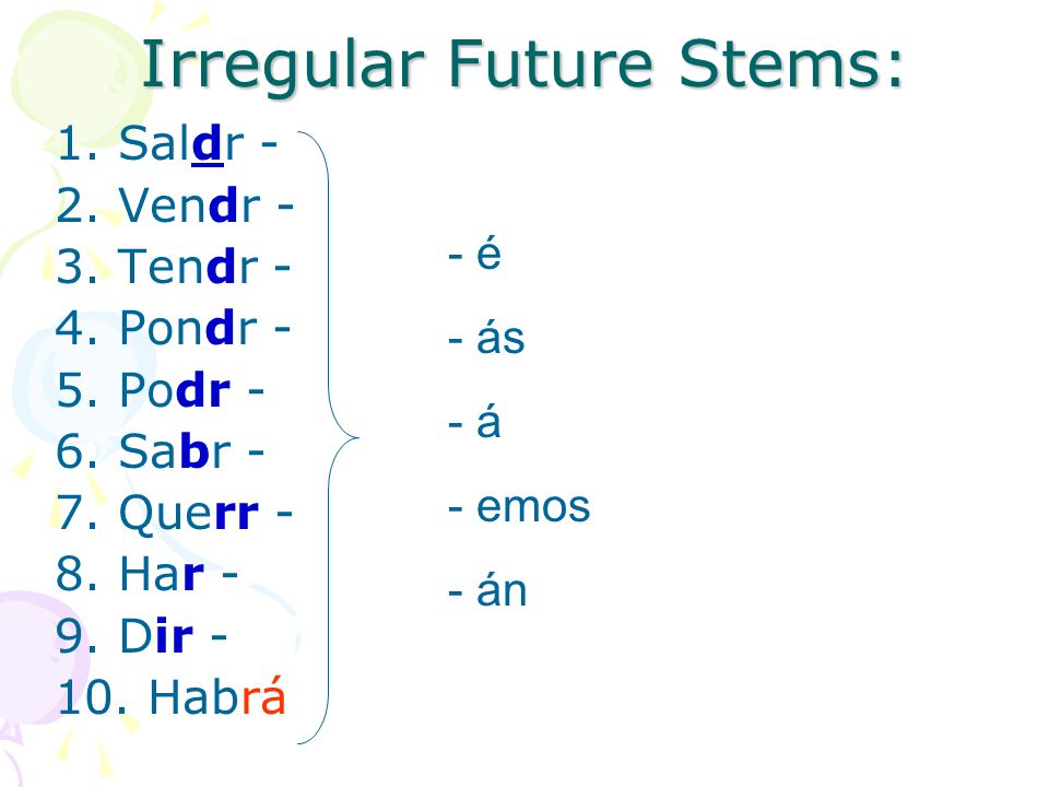 Irregular Future Stems: 1. Saldr - 2. Vendr - 3.