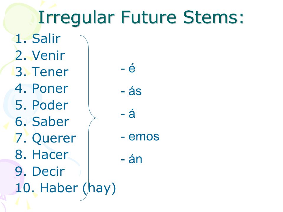 Irregular Future Stems: 1. Salir 2. Venir 3. Tener 4.