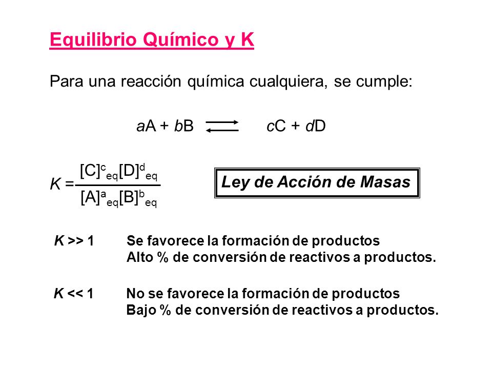 Ley de Acción de Masas aA + bB cC + dD K >> 1Se favorece la formación de productos Alto % de conversión de reactivos a productos.