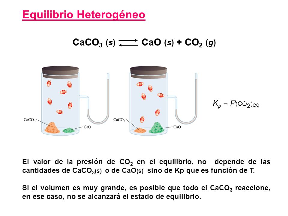 CaCO 3 (s) CaO (s) + CO 2 (g) El valor de la presión de CO 2 en el equilibrio, no depende de las cantidades de CaCO 3 (s) o de CaO (s) sino de Kp que es función de T.