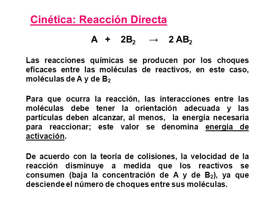 Cinética: Reacción Directa Las reacciones químicas se producen por los choques eficaces entre las moléculas de reactivos, en este caso, moléculas de A y de B 2 De acuerdo con la teoría de colisiones, la velocidad de la reacción disminuye a medida que los reactivos se consumen (baja la concentración de A y de B 2 ), ya que desciende el número de choques entre sus moléculas.