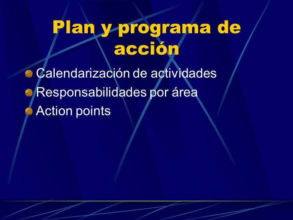 Plan y programa de acción Calendarización de actividades Responsabilidades por área Action points
