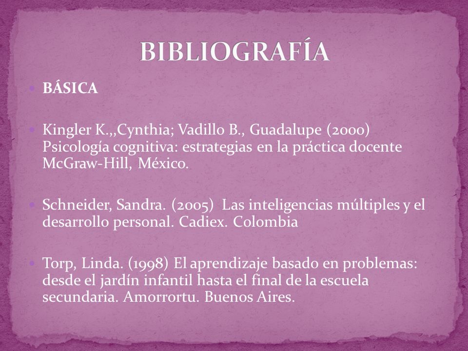 BÁSICA Kingler K.,,Cynthia; Vadillo B., Guadalupe (2000) Psicología cognitiva: estrategias en la práctica docente McGraw-Hill, México.